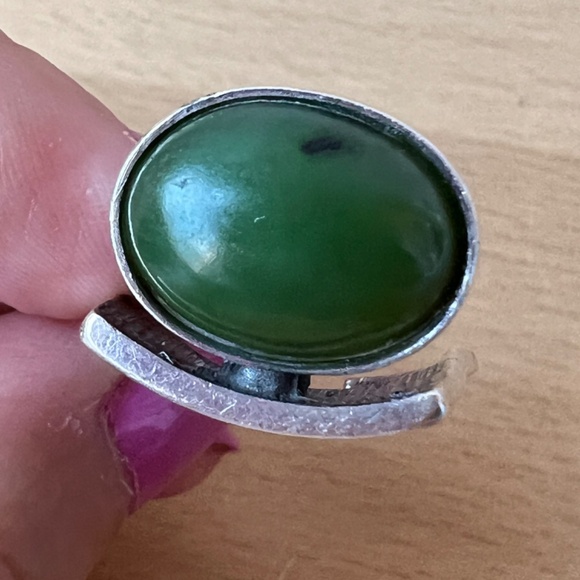 VINTAGE MODERNIST DESIGN JADE NEPHRITE CABOCHON RING 925 STERLING SILVER UNIQUE - Picture 16 of 16